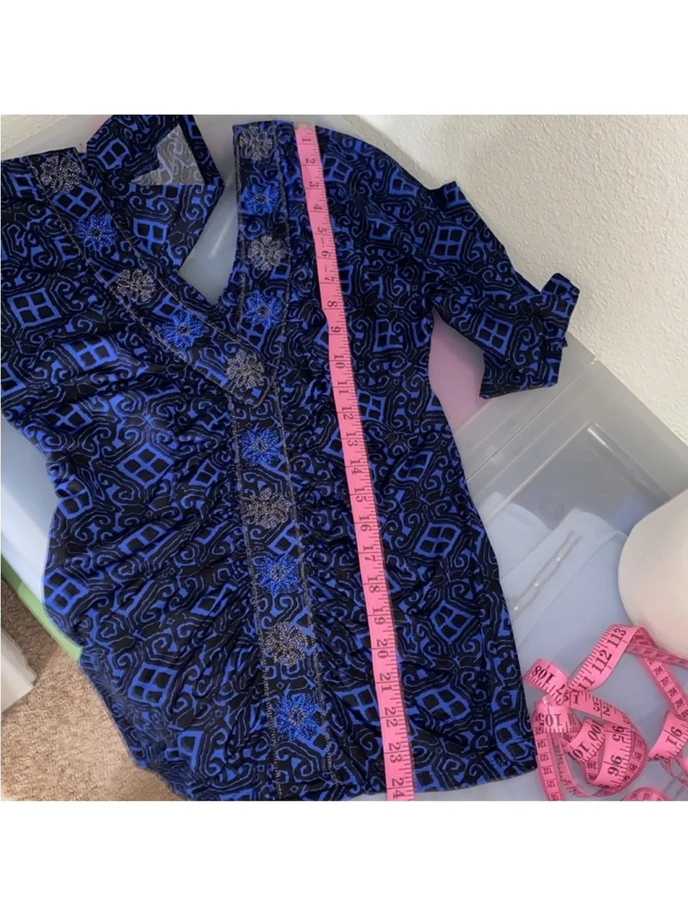 Women's Blue V-Neck Ruched Top with Embellished Buttons